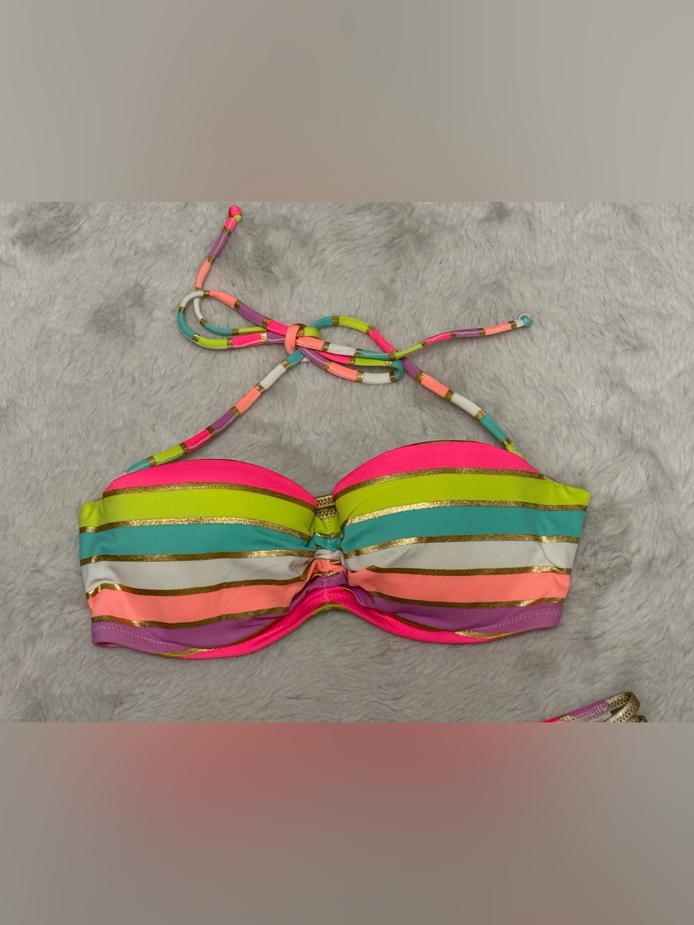Colorful Stripe Bandeau Bikini Set - Neon Multi - Picture 2 of 6